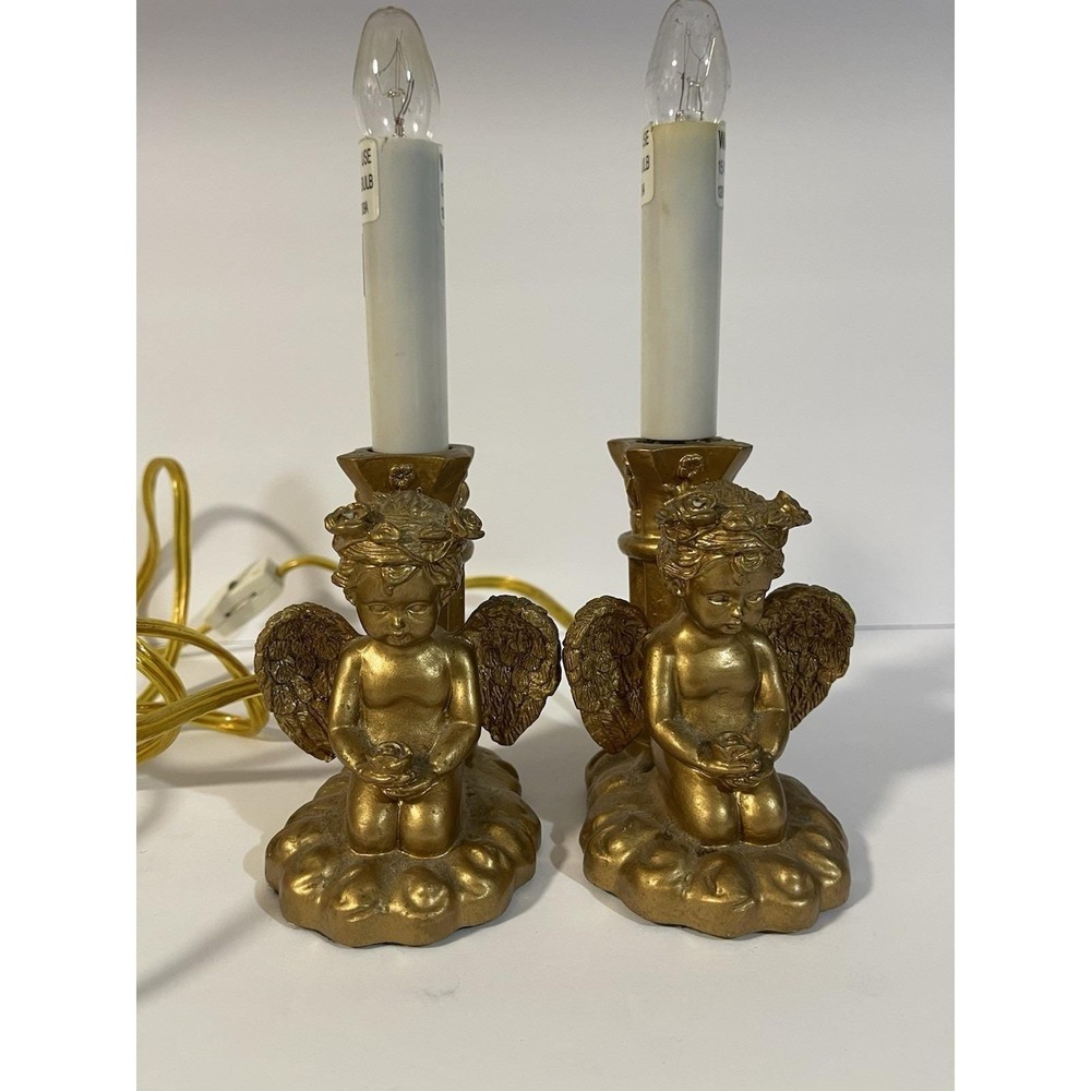 2 Vintage Angel Cherub Electric Candle Lamps Gold Tone Working